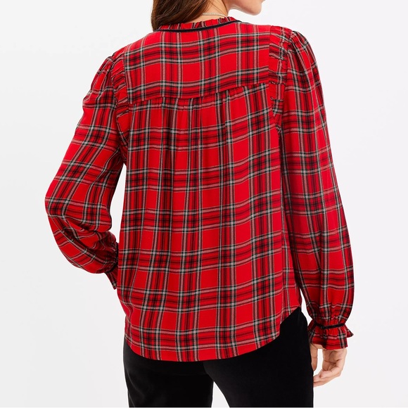 Petite Red Plaid Ruched Ruffle Neck Blouse Christmas Blouse - Picture 3 of 3